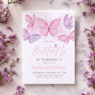 Invitación Butterfly 1st Birthday Invitation Pink Purple Girl