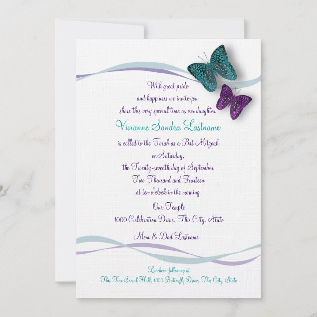 Invitación Butterfly Bat Mitzvah (Anverso)