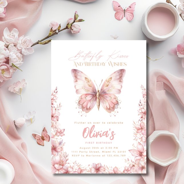 Invitación Butterfly besa cumpleaños Fiesta mariposa rosa (Butterfly Kisses Birthday Pink Butterfly Party Invitation)