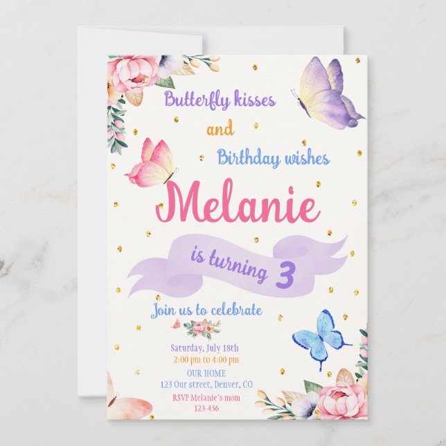 Invitación Butterfly Birthday Invitation Floral Party invite (Anverso)