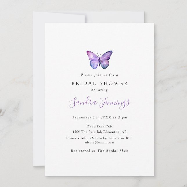 Invitación Butterfly Bridal Shower Elegante Minimalista Simpl (Anverso)