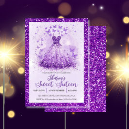 Invitación Butterfly Dance Glitter Purple Dress Sweet 16 