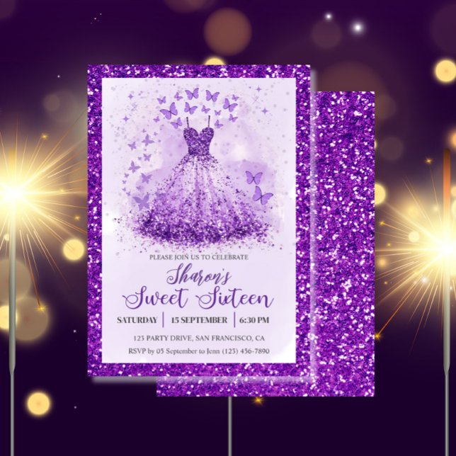 Invitación Butterfly Dance Glitter Purple Dress Sweet 16  (Sweet 16 Butterflies Dress Party Invitation)