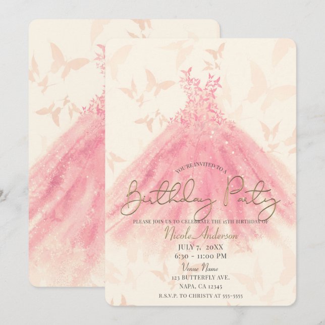 Invitación Butterfly Dance Peach Sparkle Vestido fiesta de cu (Anverso / Reverso)