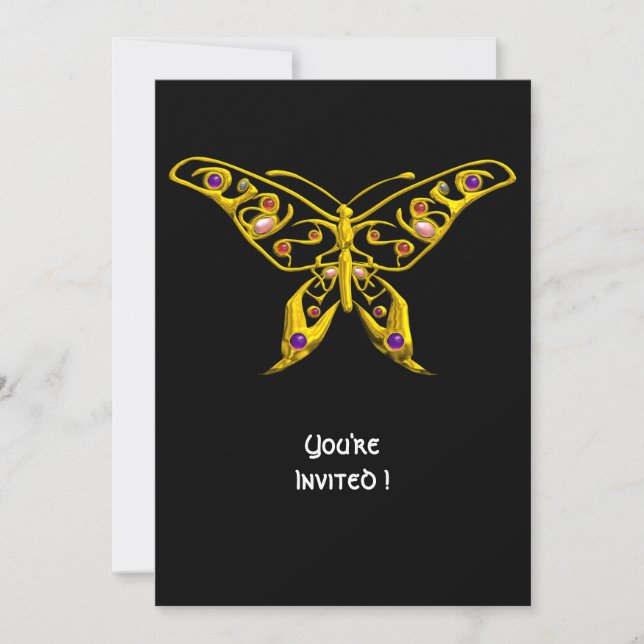 Invitación BUTTERFLY DE HIPER DE ORO CON GEMSTONES Negro (Anverso)