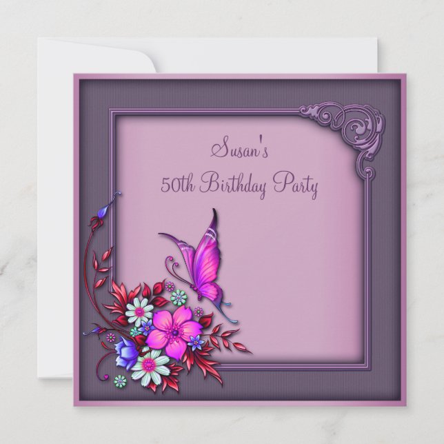 Invitación Butterfly femenino 50.ª fiesta de cumpleaños (Anverso)