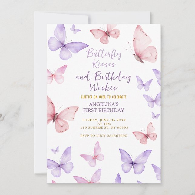 Invitación Butterfly First Birthday Invitation Girl (Anverso)