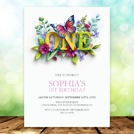 Invitación Butterfly Floral 1st Birthday Party