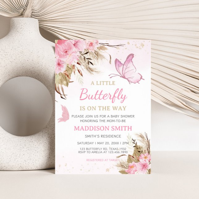 Invitación Butterfly Floral Baby Shower  (Pink Butterfly Baby Shower Invitation)