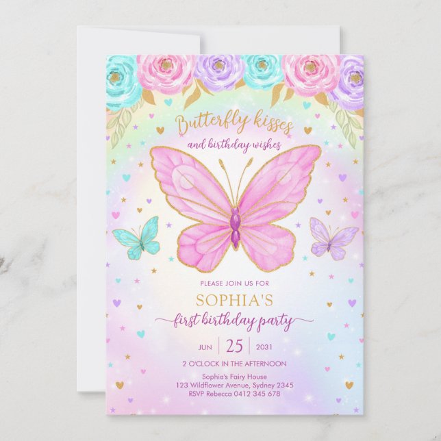 Invitación Butterfly Floral Girl Birthday Invitation (Anverso)