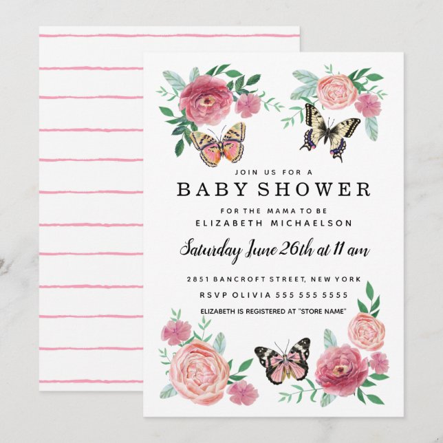 Invitación Butterfly Florals Pink Baby Girl Baby Shower (Anverso / Reverso)