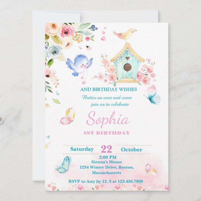 Invitación butterfly garden first birthday invitation (Anverso)