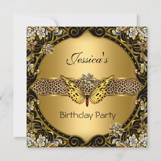 Invitación Butterfly Gold Black Leopard Birthday Party (Anverso)