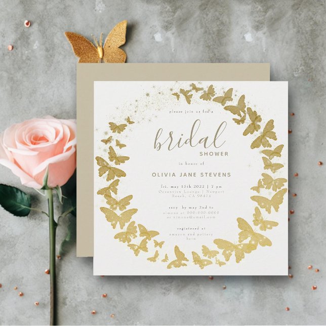 Invitación Butterfly Gold Elegant Boho Classic Bridal Shower (gold butterflies elegant bohemian modern romantic frame bridal shower invitation chic calligraphy)