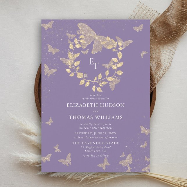 Invitación Butterfly Lavender Gold Monograms Wreath Wedding (butterfly wedding invitation lavender purple gold eucalyptus elegant modern classic romantic)