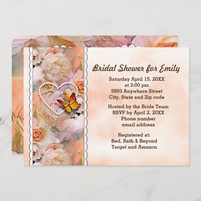 Invitación Butterfly Pearl Heart Floral Serene Bridal Shower (Anverso / Reverso)