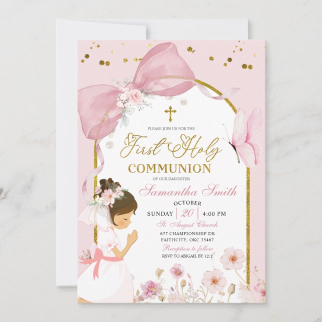 Invitación Butterfly Pink Coquette Girl First Holy Communion (Anverso)