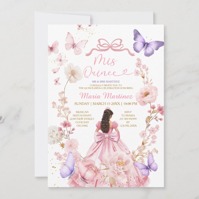 Invitación Butterfly Pink Floral XV Princess Dress Elegant (Anverso)