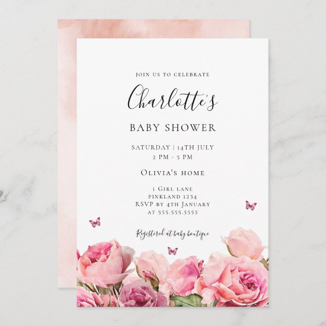 Invitación Butterfly Pink Rose Girl Baby Shower Invitation (Anverso / Reverso)