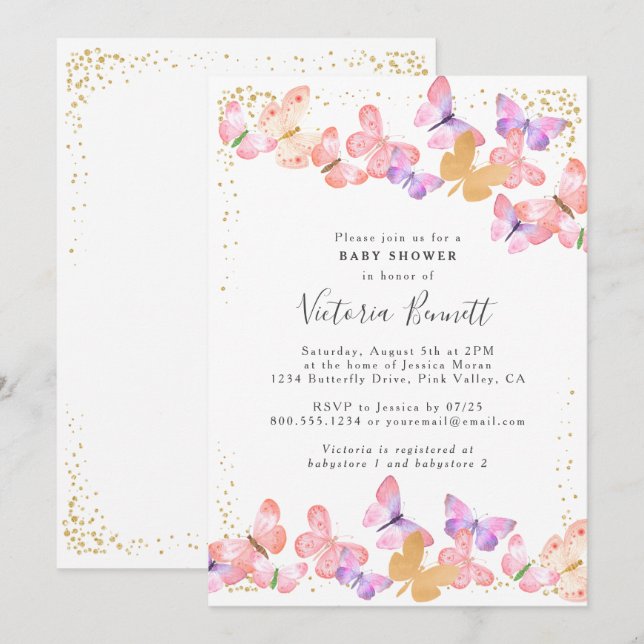 Invitación Butterfly Skies Coral Gold Confetti Baby Shower (Anverso / Reverso)
