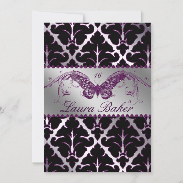 Invitación Butterfly Sweet 16 Damask Morado Brilla (Anverso)