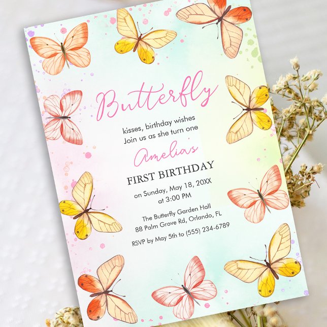 Invitación Butterfly Theme Girl 1st Birthday Watercolor Pink (Butterfly Girl 1st Birthday Watercolor Invitation)