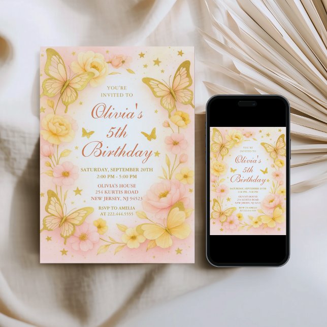 Invitación Butterfly Yellow and Pink Birthday Invitation (Subido por el creador)