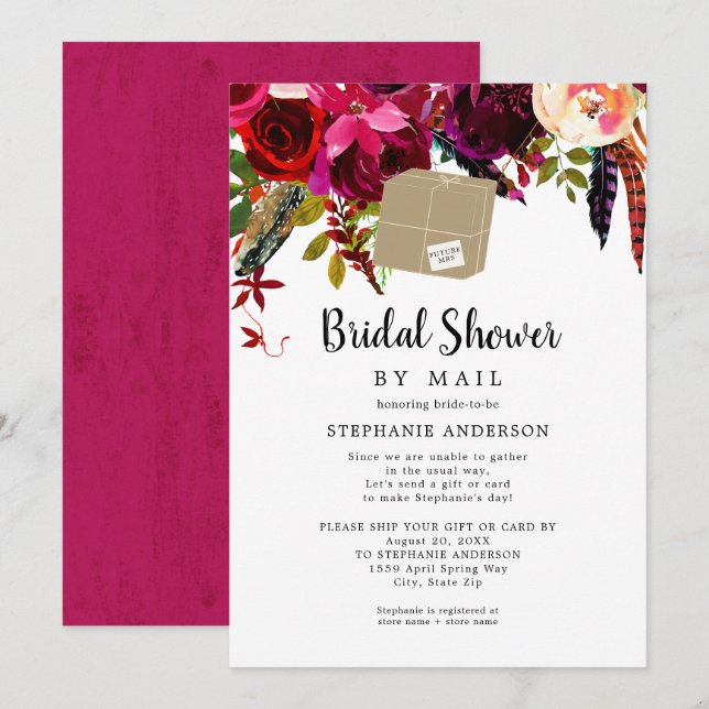 Invitación Buzón de envío de Burgundy Floral Bridal Shower po (Anverso / Reverso)