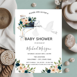 Invitación Buzón de la Cigüeña Adorable Flores Azules Baby Sh