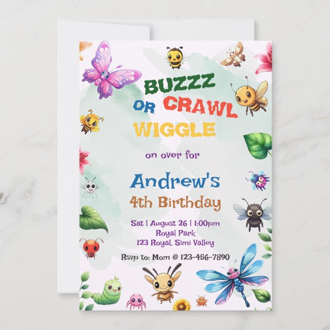 Invitación Buzz Crawl menea con Bug Fiesta Naturaleza Tema Cu (Anverso)