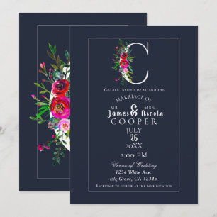 Invitación C Monograma Inicial Final Moderno Floral Azul Boda