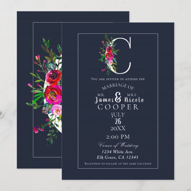 Invitación C Monograma Último Boda floral azul moderno inicia (Anverso / Reverso)
