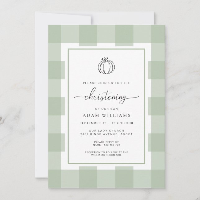 Invitación Caall Pumpkin Sage Green Gingham Christening (Anverso)