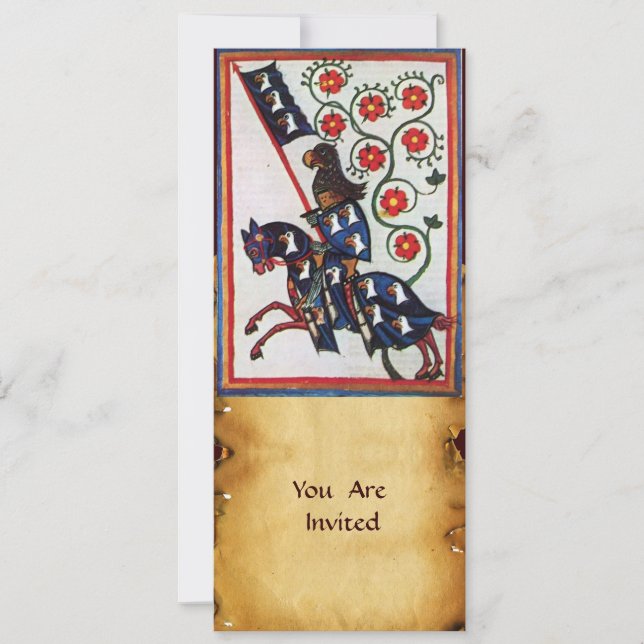 INVITACIÓN CABALLERO AZUL A CABALLO PERGAMINO MEDIEVAL (Anverso)