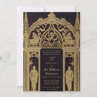 Invitación Caballero Cumpleaños Temático Medieval Negro Dorad