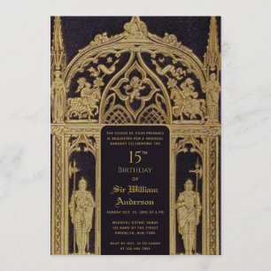 Invitación Caballero Cumpleaños Temático Medieval Negro Dorad
