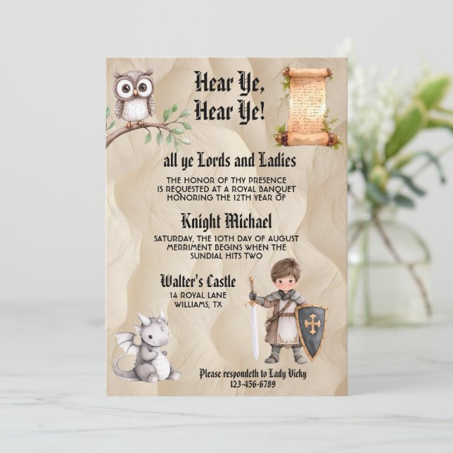 Invitación Caballero del Rey Escuchad Cumpleaños Medieval Ren (Anverso de pie)