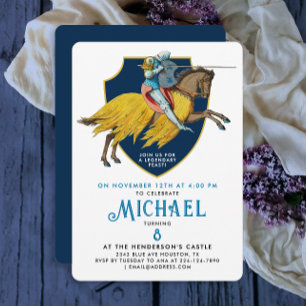 Invitación Caballero medieval blindado azul elegante a caball