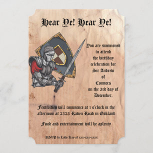 Invitación Caballero medieval con espada y escudo cumpleaños