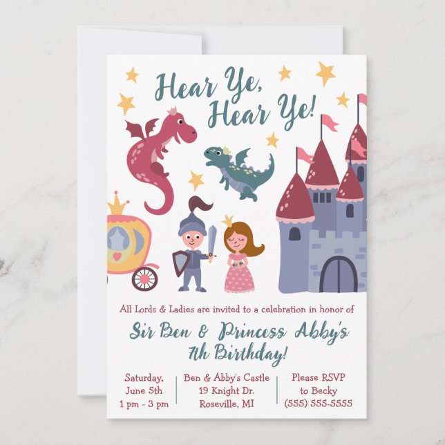 Invitación Caballero y Princesa, Dragón, fiesta de cumpleaños (Anverso)