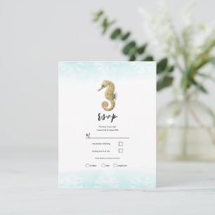 Invitación Caballito de Mar Azul Teal y Dorado Acuarela RSVP 