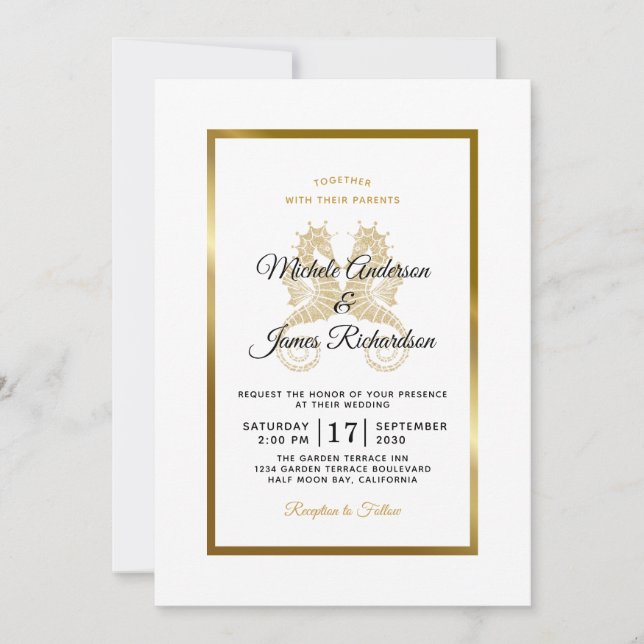 Invitación Caballitos de Mar Dorados Elegantes Boda Tropical (Anverso)
