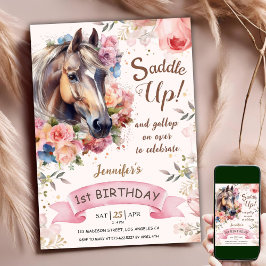 Invitación Caballo 1.ᵉʳ cumpleaños CowGirl Saddle Rosa!