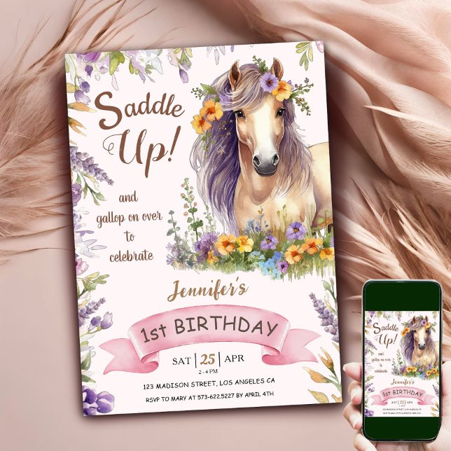 Invitación Caballo 1 Chica de cumpleaños montura morada flora (Subido por el creador)