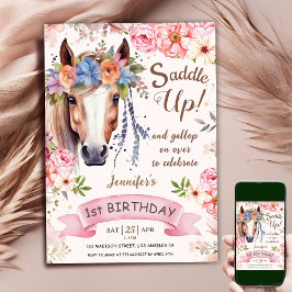 Invitación Caballo 1 Chica de cumpleaños Novia Floral Rosa