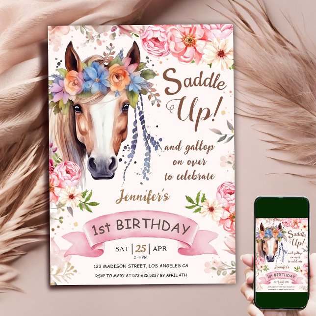 Invitación Caballo 1 Chica de cumpleaños Novia Floral Rosa (Subido por el creador)
