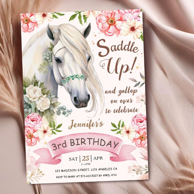 Invitación Caballo 3 Chica de cumpleaños Flores rosadas monta (Subido por el creador)
