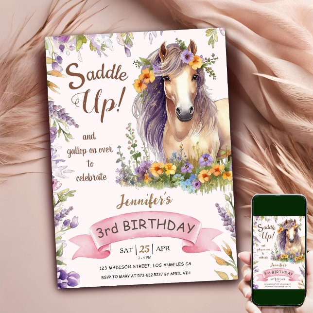 Invitación Caballo 3 Chica de cumpleaños montura morada flora (Subido por el creador)