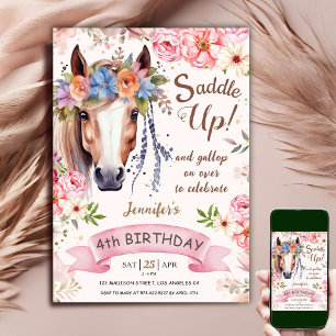 Invitación Caballo 4º Chica de cumpleaños Boho Flores alza
