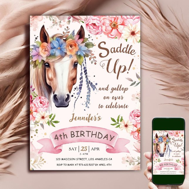 Invitación Caballo 4º Chica de cumpleaños Boho Flores alza (Subido por el creador)